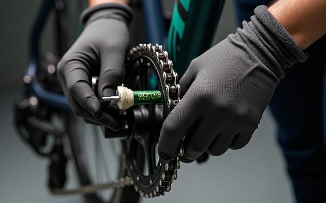 Close-up on e-bike chain and gears being cleaned