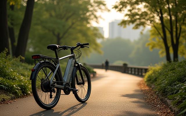 E-bike parked beside a scenic path in a New York City park