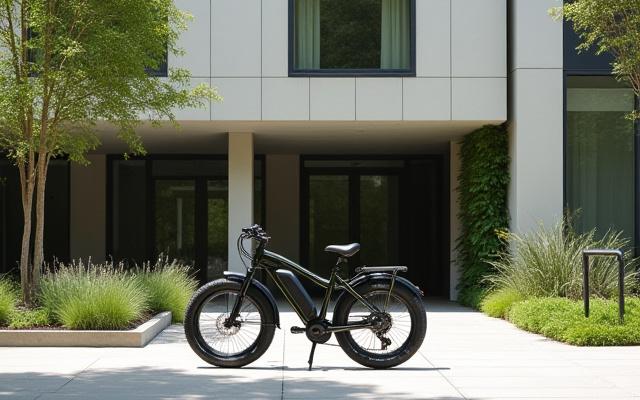 E-bike parked in front of a modern, green-certified building
