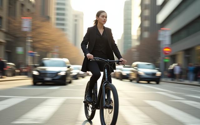 Commuter on an e-bike navigating a city street