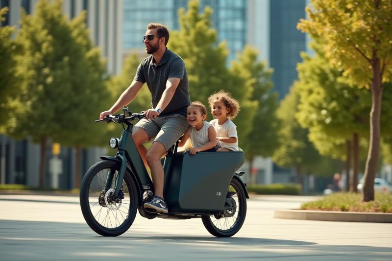 An electric cargo bike with a parent and two children riding in a vibrant urban setting, showcasing its use as a family mover.
