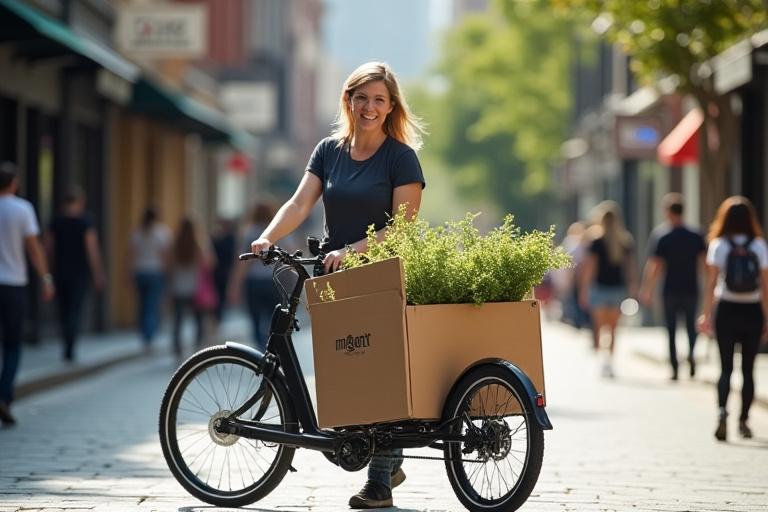 A small business owner using an electric cargo bike to deliver fresh produce in a bustling city street, showcasing urban logistics.