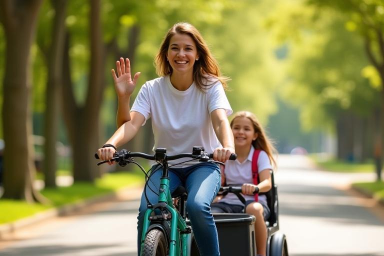 A parent smiling and waving from an electric cargo bike, with two happy children secured in child seats behind, on their way to school.