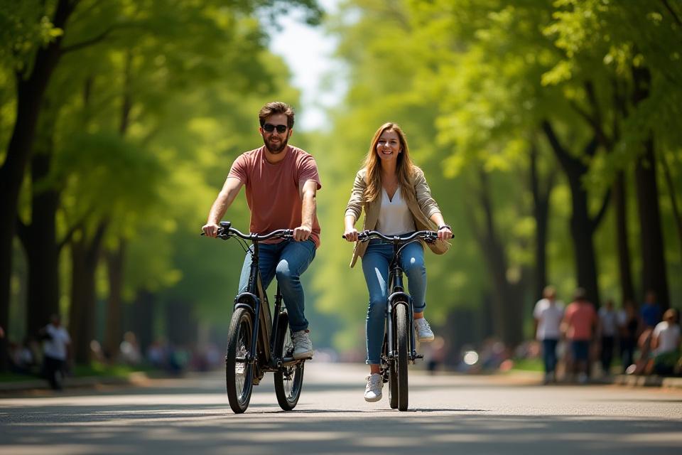 Couple riding e-bikes through Central Park's tree-lined avenues on a sunny day.