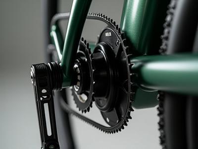 Close-up of an e-bike mid-drive motor integrated into the crankset